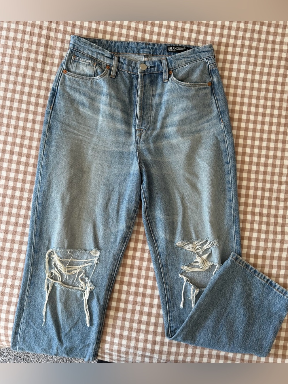 Blank NYC The Baxter Ribcage Straight Leg Distressed Light Wash Jeans Button Fly